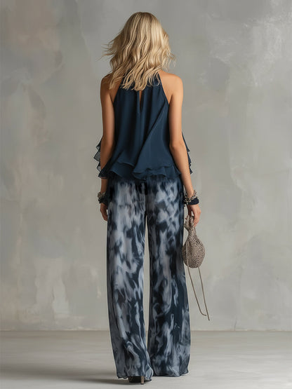 Ludovica | Conjunto Elegante con Top Halter Marino y Pantalón Ancho Estampado