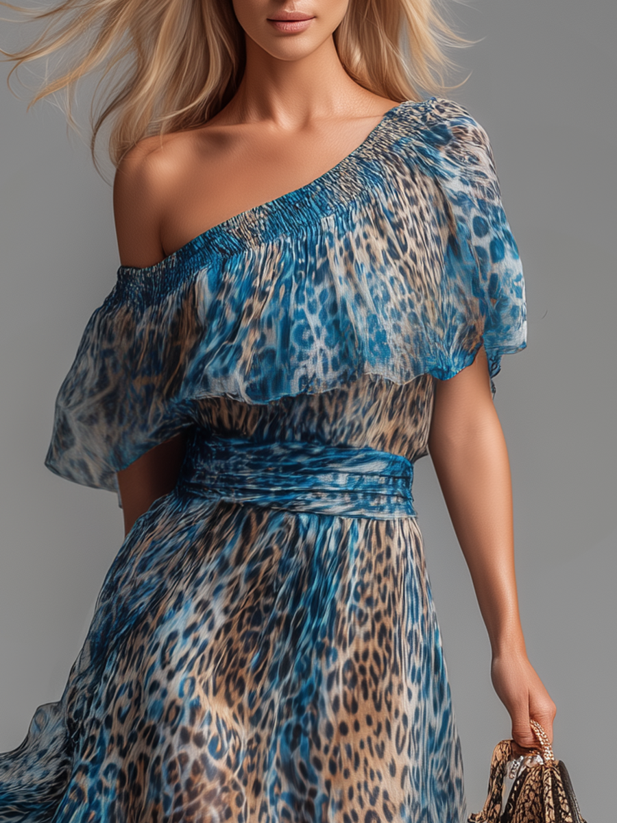 Wild - Vestido Largo de Chiffon con Estampado de Leopardo y Hombros Descubiertos