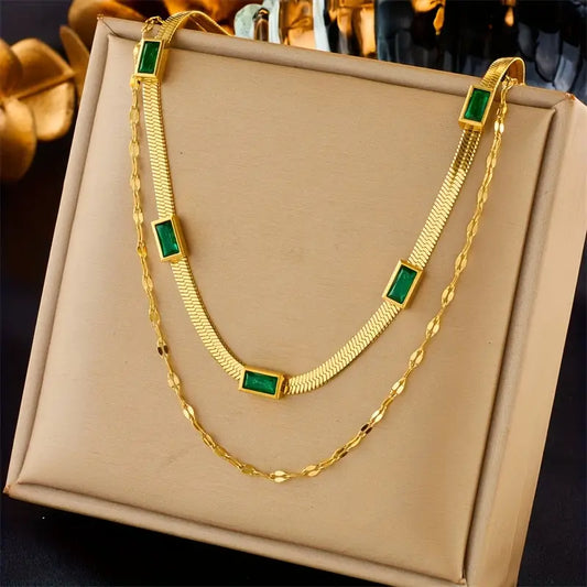Collar de Oro Doble con Esmeralda Vintage