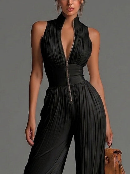 Mono de Chiffon Negro Plisado Sin Mangas con Escote en V y Cremallera