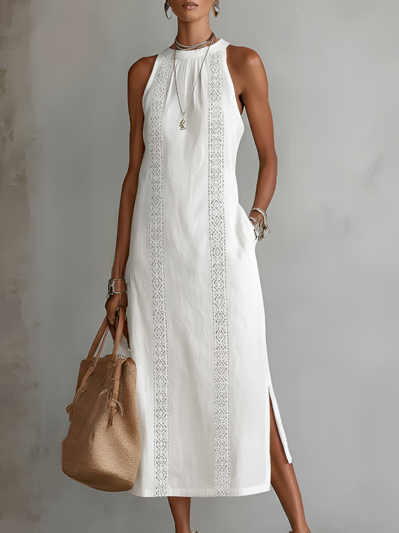 Jimena | Vestido Midi Bordado Relajado con Cuello Mandarín