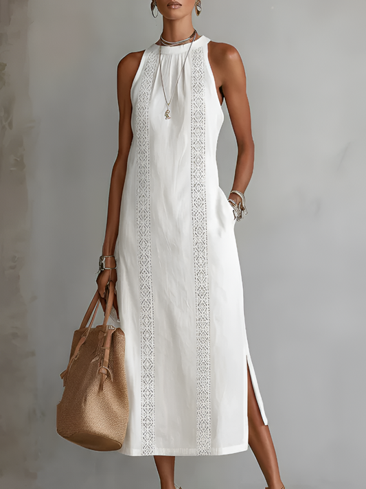 Jimena | Vestido Midi Bordado Relajado con Cuello Mandarín