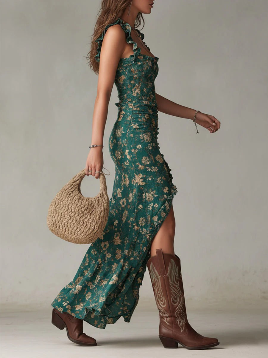 Sara | Maxi Vestido Boho Floral Fruncido con Abertura Lateral