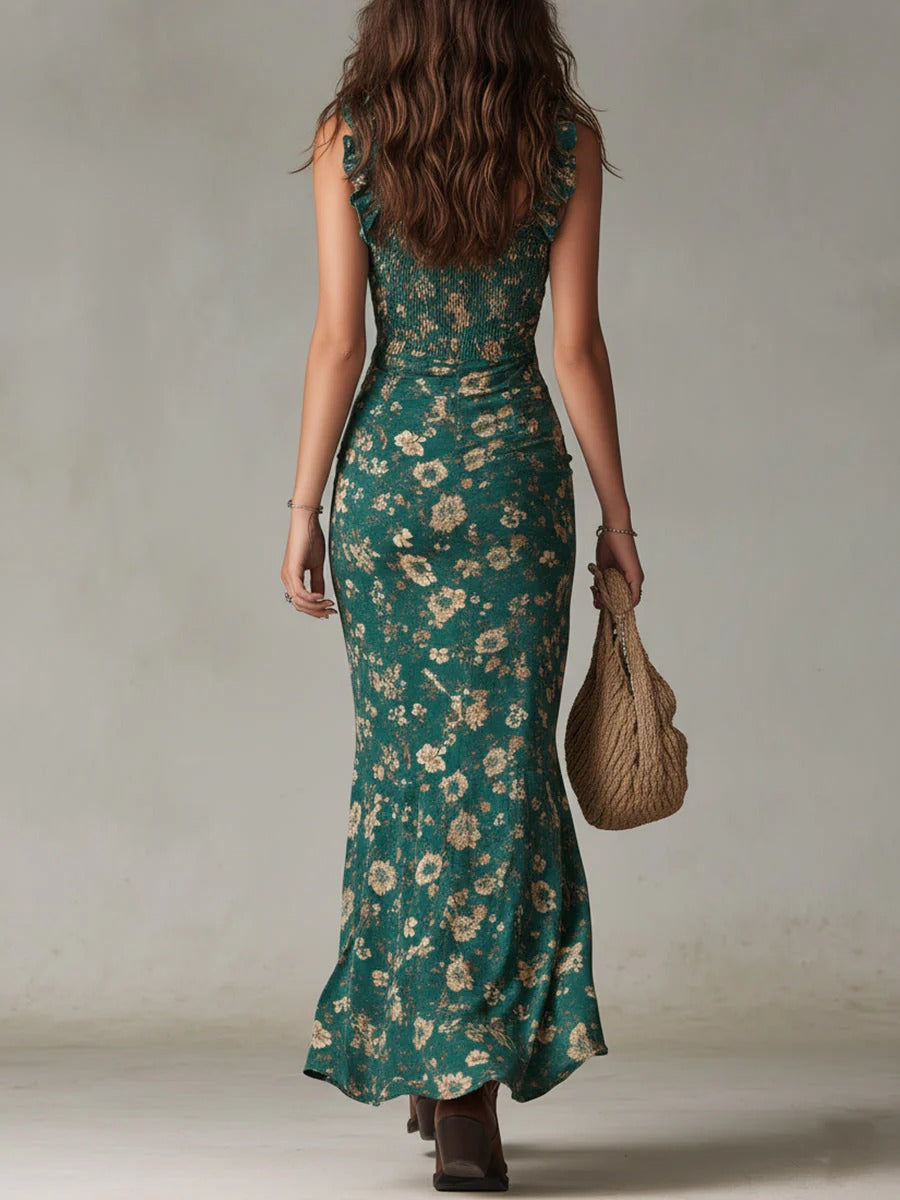 Sara | Maxi Vestido Boho Floral Fruncido con Abertura Lateral