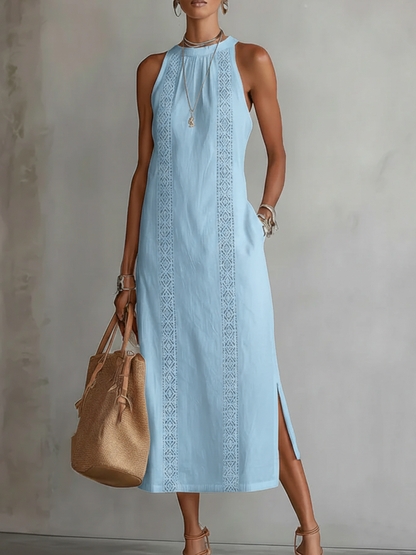 Jimena | Vestido Midi Bordado Relajado con Cuello Mandarín