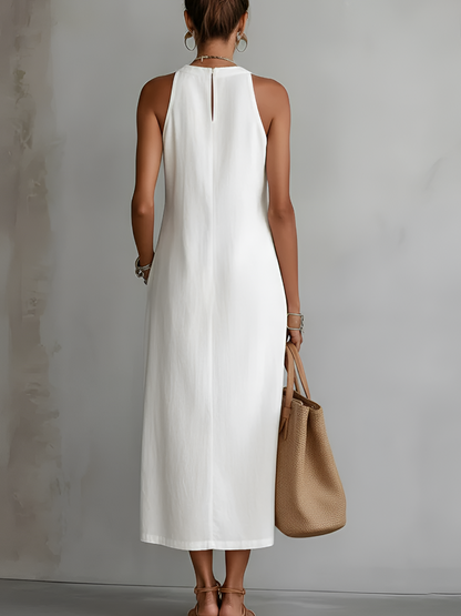 Jimena | Vestido Midi Bordado Relajado con Cuello Mandarín