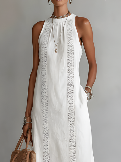 Jimena | Vestido Midi Bordado Relajado con Cuello Mandarín