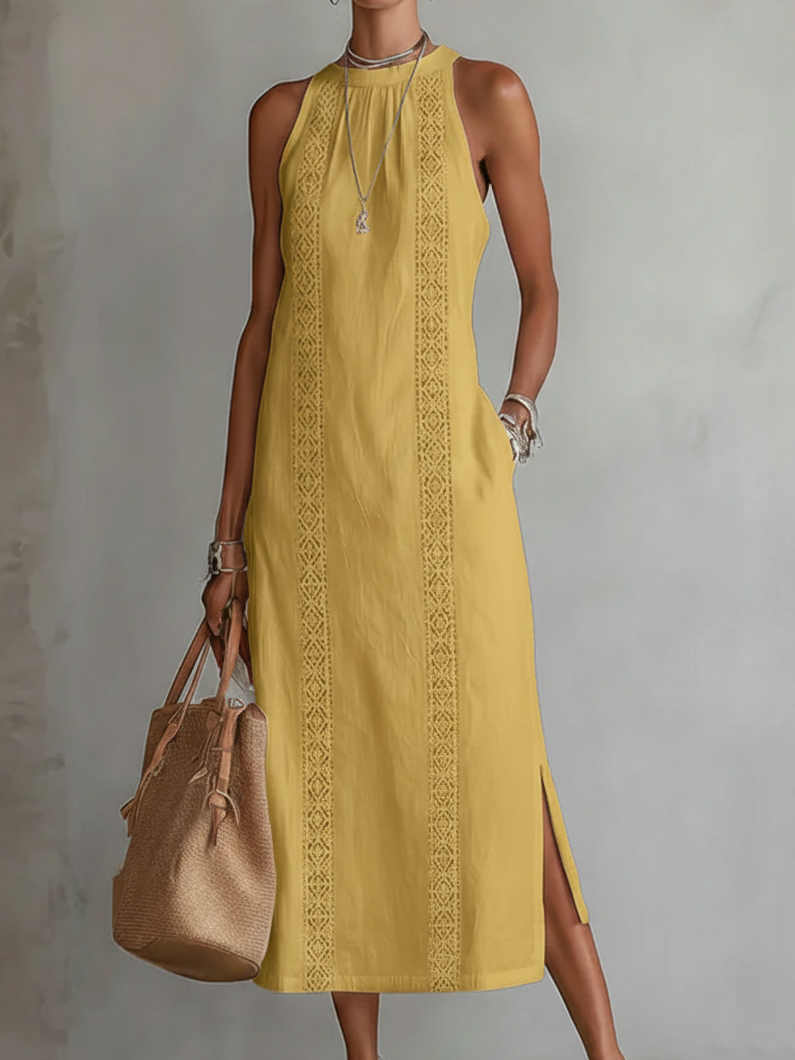 Jimena | Vestido Midi Bordado Relajado con Cuello Mandarín