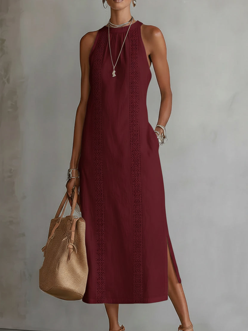 Jimena | Vestido Midi Bordado Relajado con Cuello Mandarín