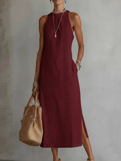 Jimena | Vestido Midi Bordado Relajado con Cuello Mandarín
