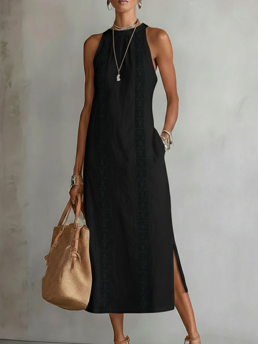 Jimena | Vestido Midi Bordado Relajado con Cuello Mandarín