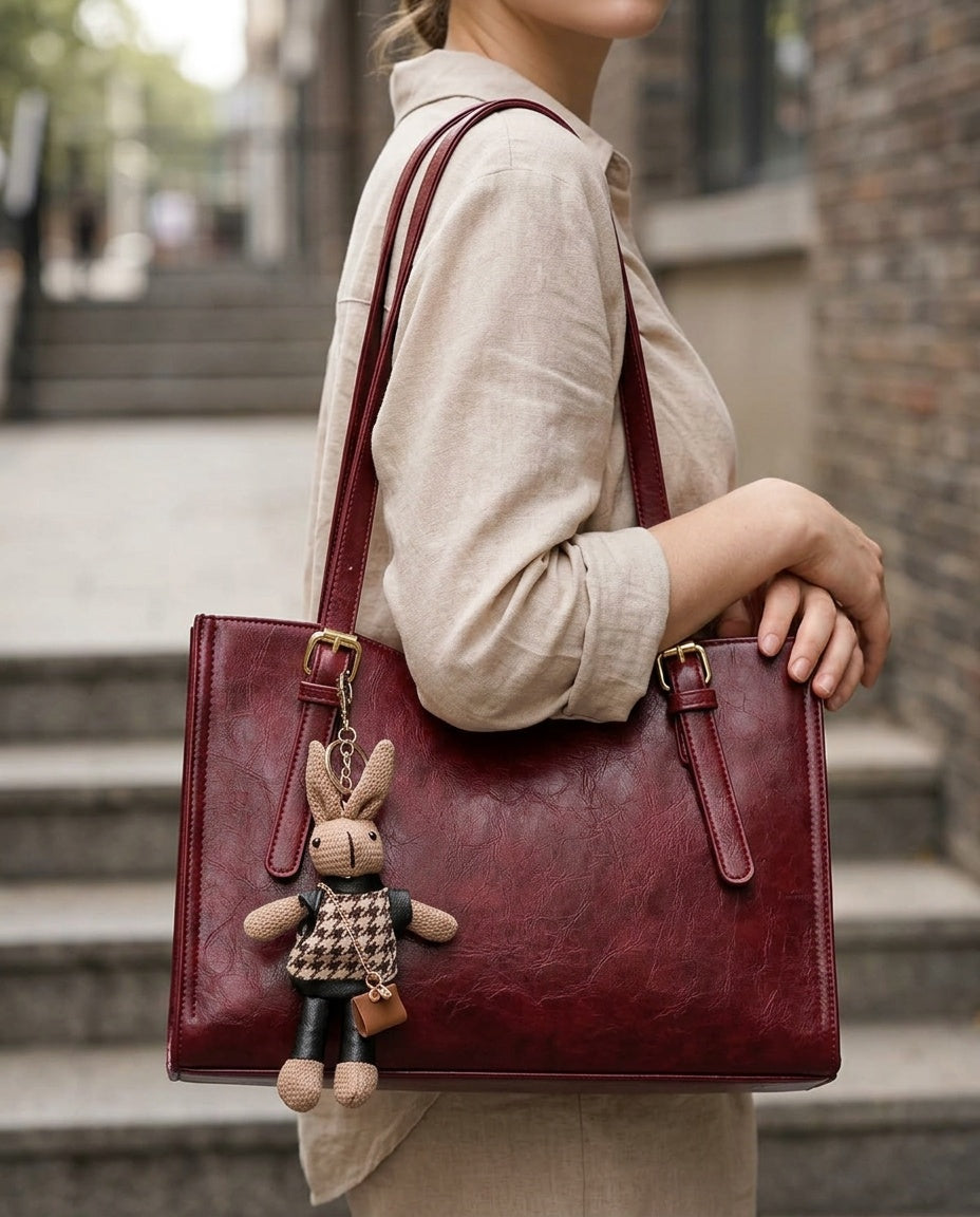 Bolsa de Hombro con Llavero de Conejito - con modelo - color Vino