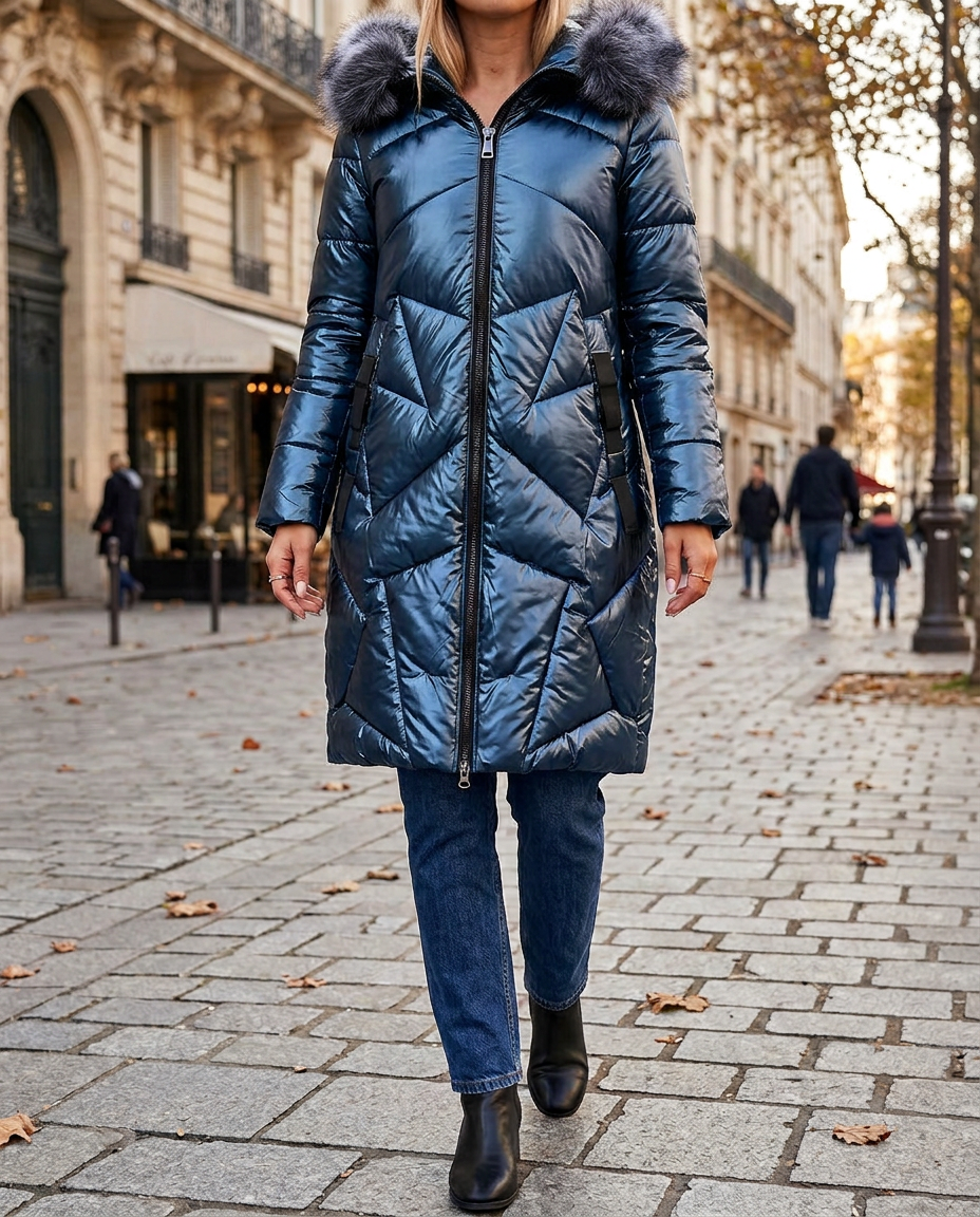 Anorak Acolchado Casual con Capucha y Cremallera - Azul