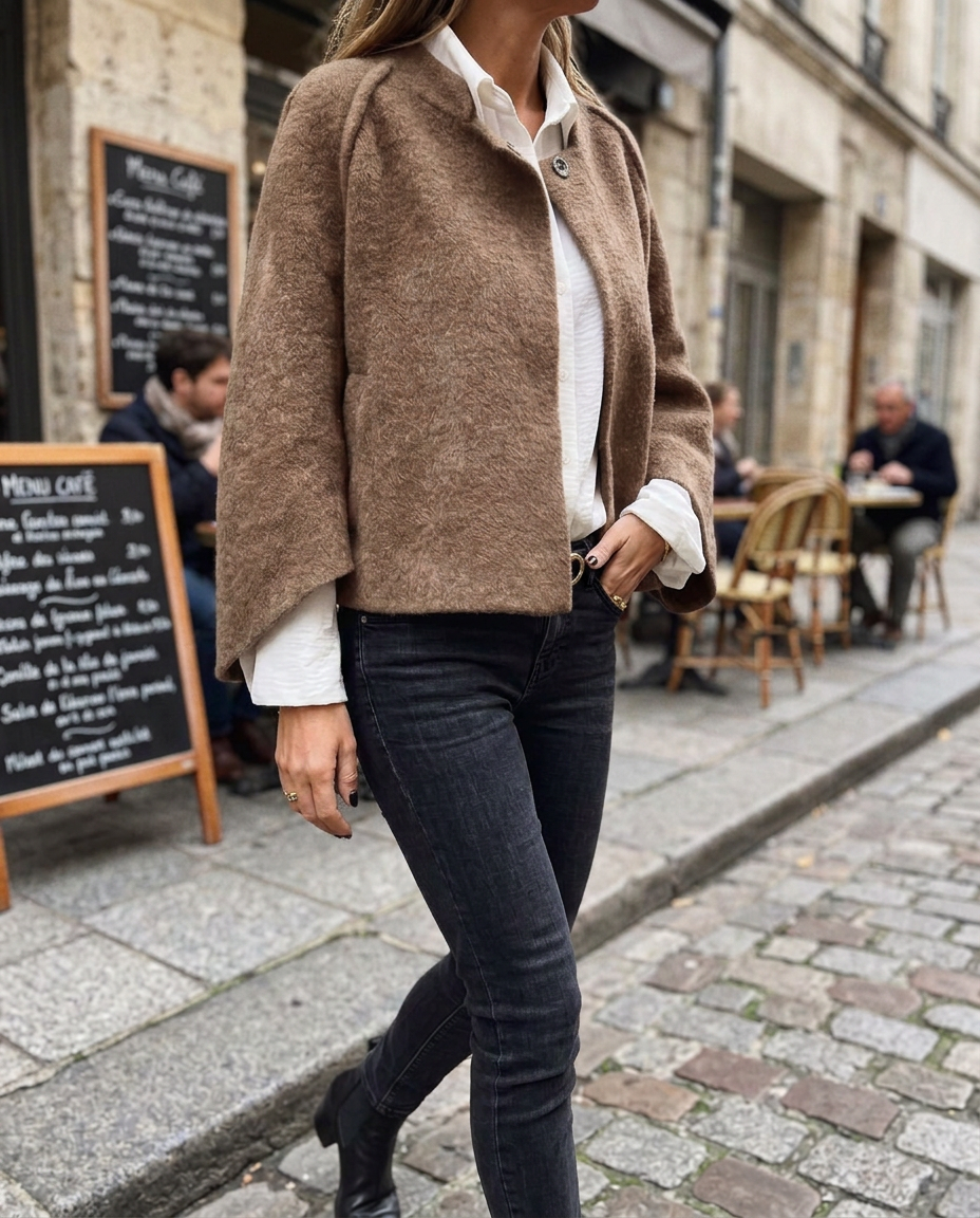 Chaqueta de Lana con Cuello Redondo y Manga Larga
