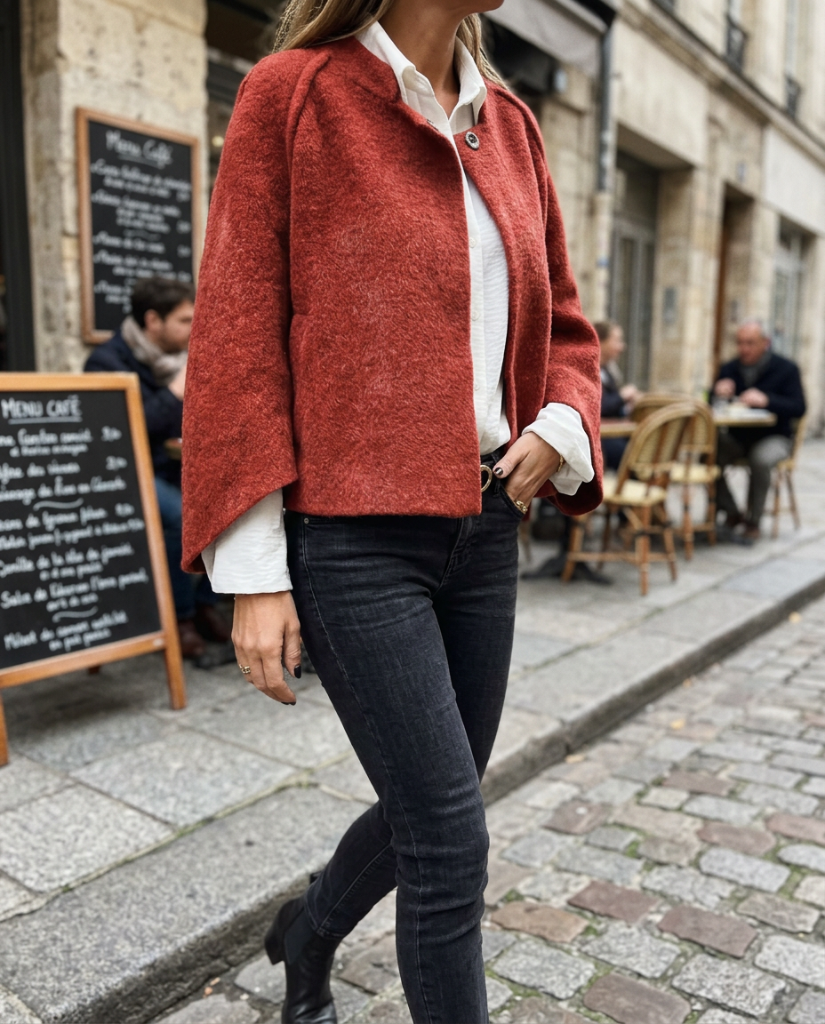Chaqueta de Lana con Cuello Redondo y Manga Larga