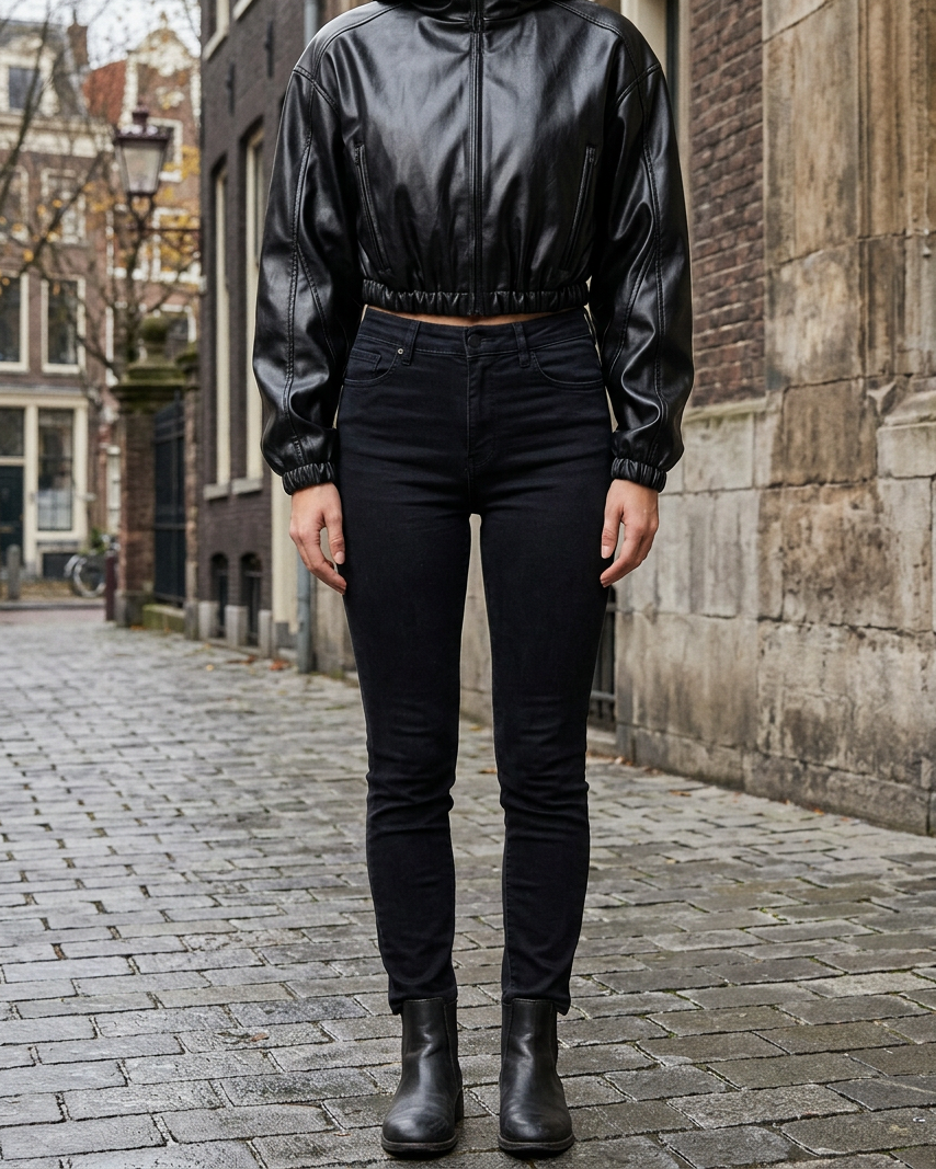 Chaqueta Cropped de Cuero PU con Capucha y Cremallera — Streetwear - Negro