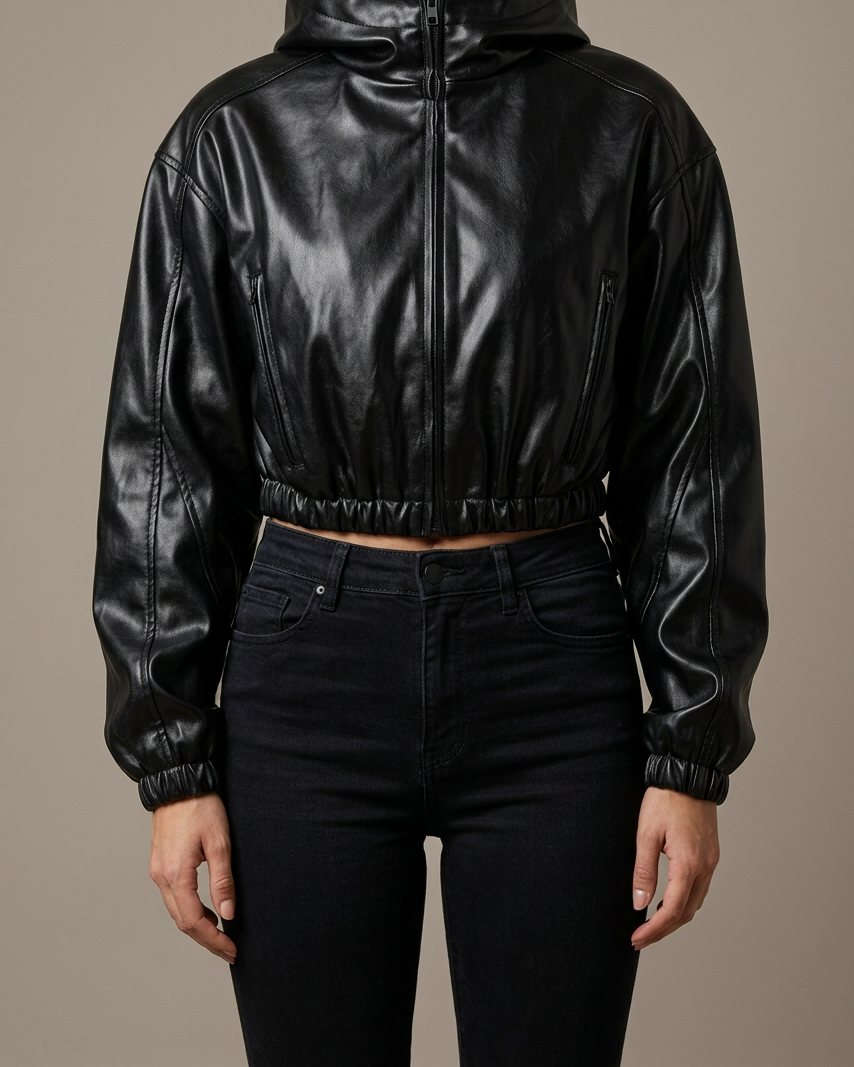 Chaqueta Cropped de Cuero PU con Capucha y Cremallera — Streetwear - Negro
