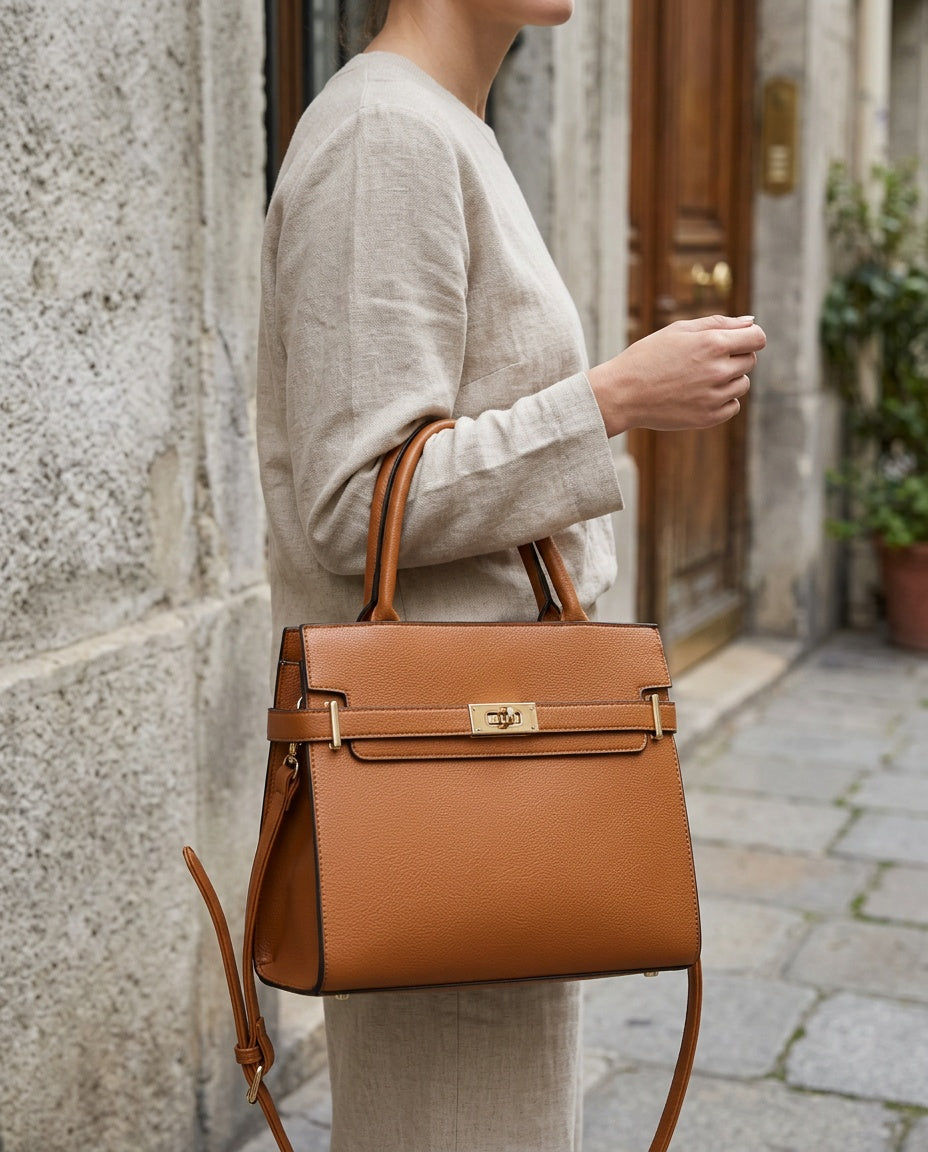 Bolsa de Mano Retro con Broche - con modelo - color Café