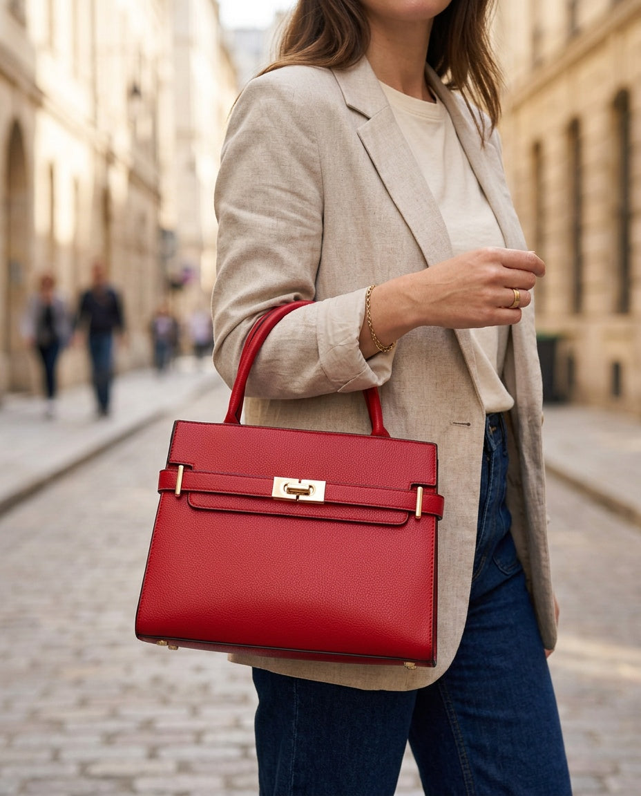 Bolsa de Mano Retro con Broche - con modelo - color Rojo