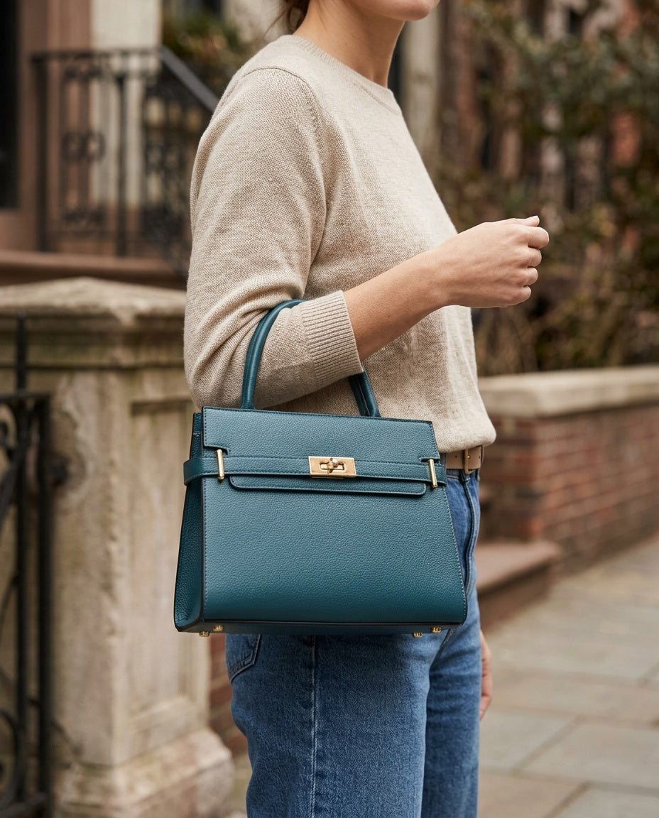 Bolsa de Mano Retro con Broche - con modelo - color Azul
