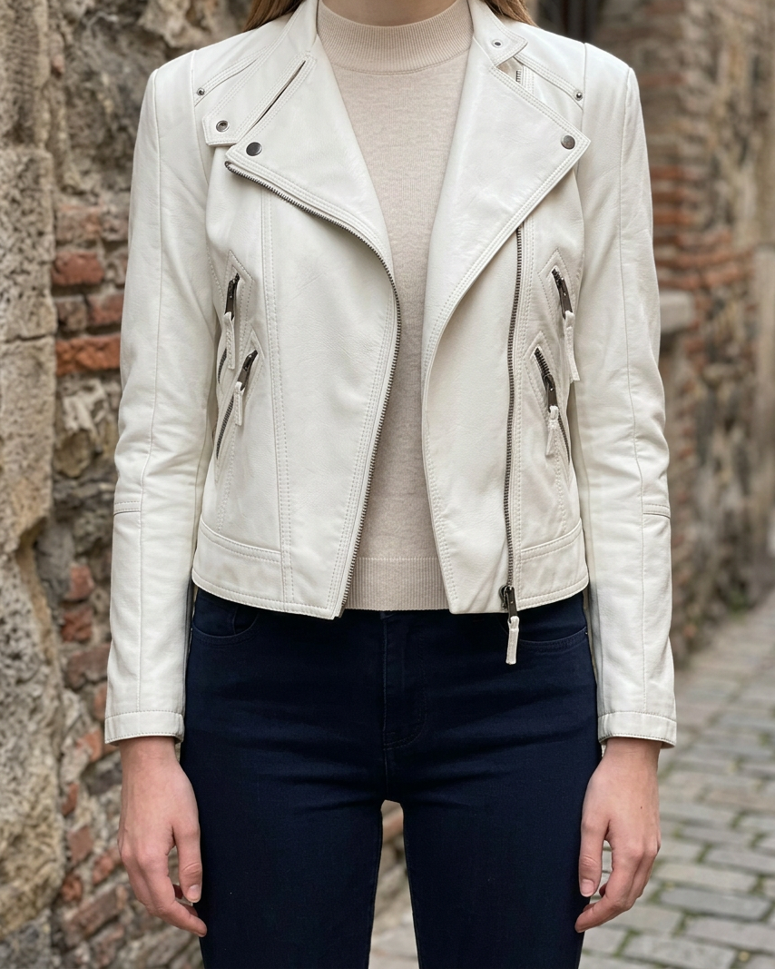 Chaqueta Slim de Cuero PU con Cremallera y Forro - Blanco