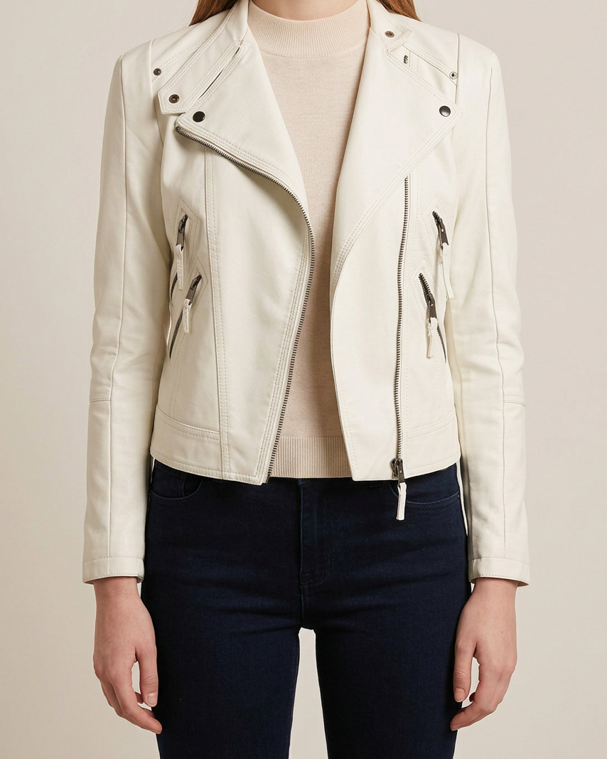 Chaqueta Slim de Cuero PU con Cremallera y Forro - Blanco