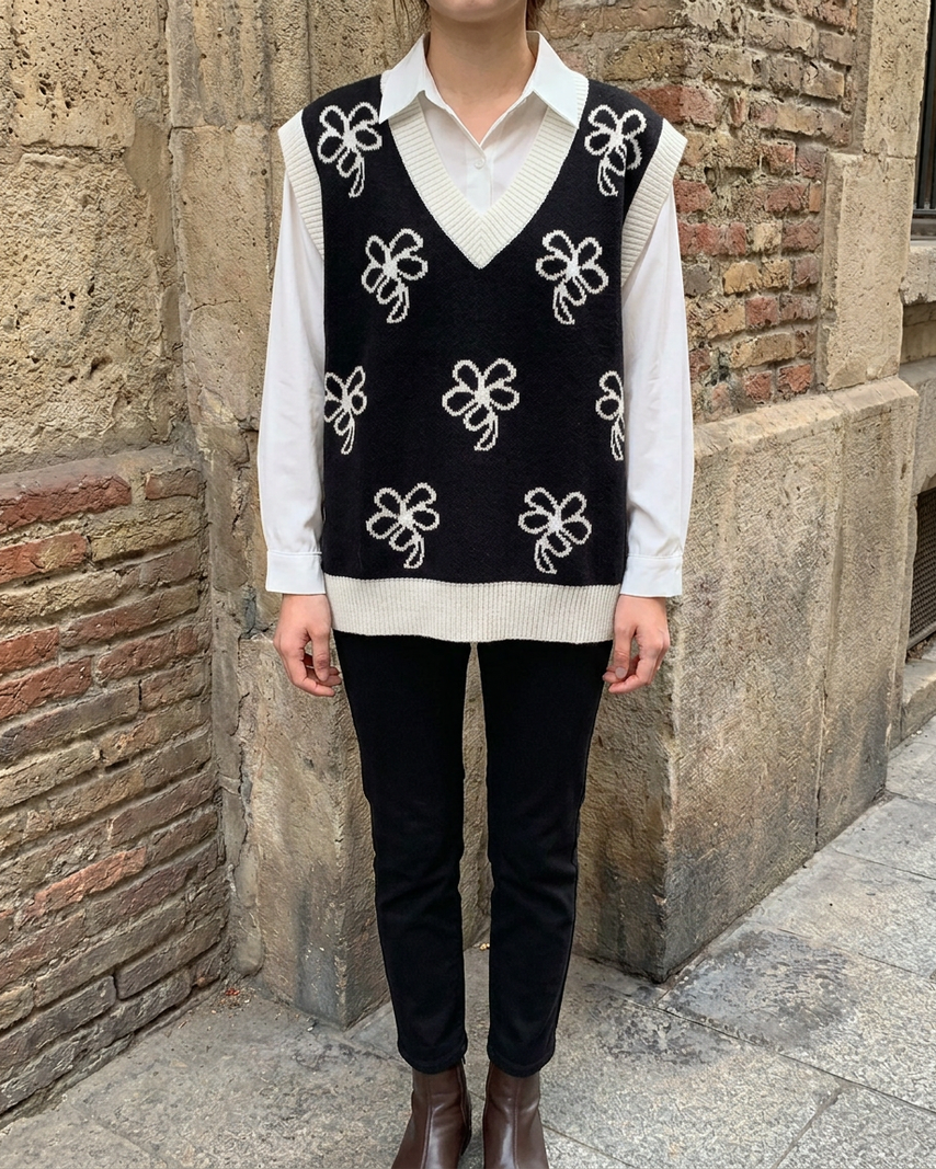 Chaleco de Punto Retro Estilo Hong Kong — Lazy Chic - Negro y Blanco