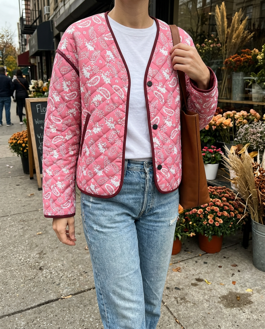 Chaqueta Patchwork con Estampado Rosa Intenso