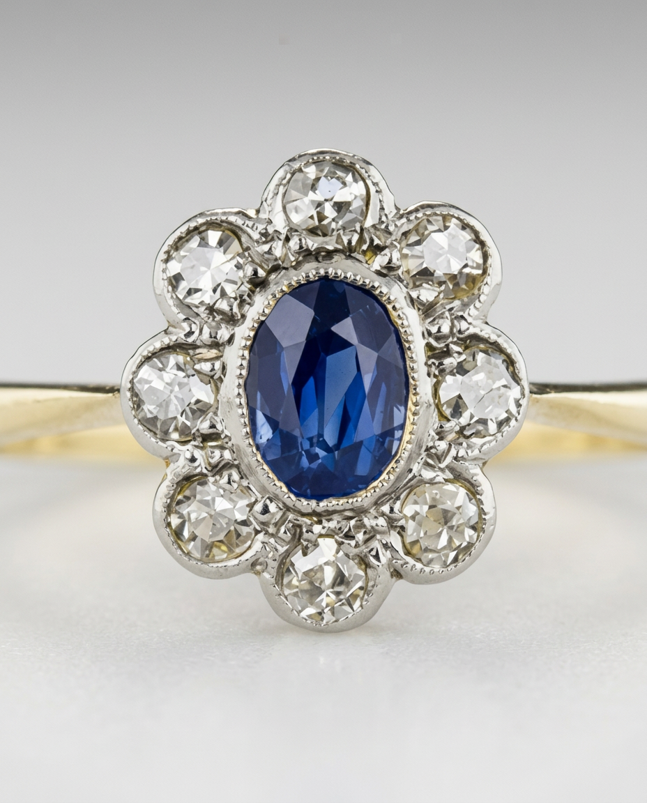Anillo Vintage de Flor con Zirconia Azul - foto de estudio