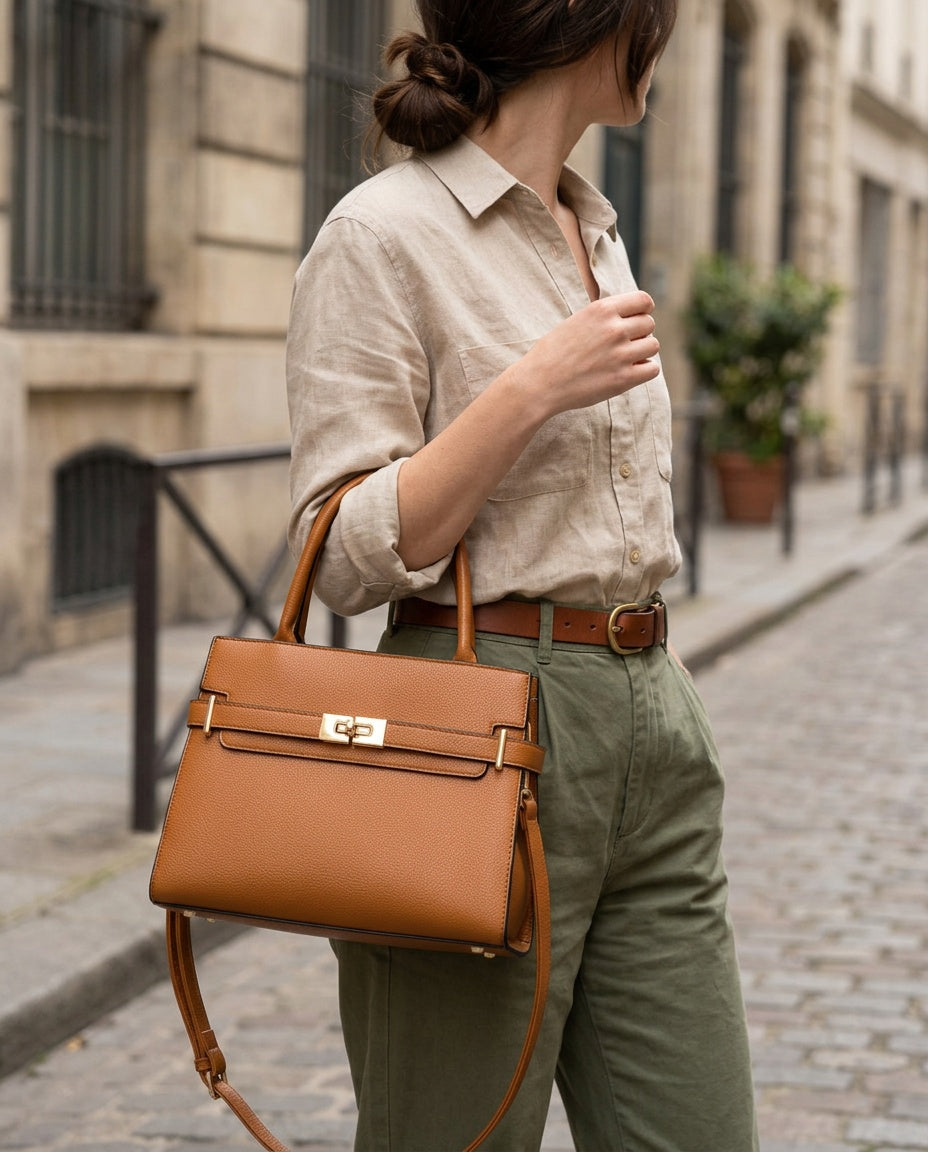 Bolsa de Mano Clásica con Broche - con modelo - color Café