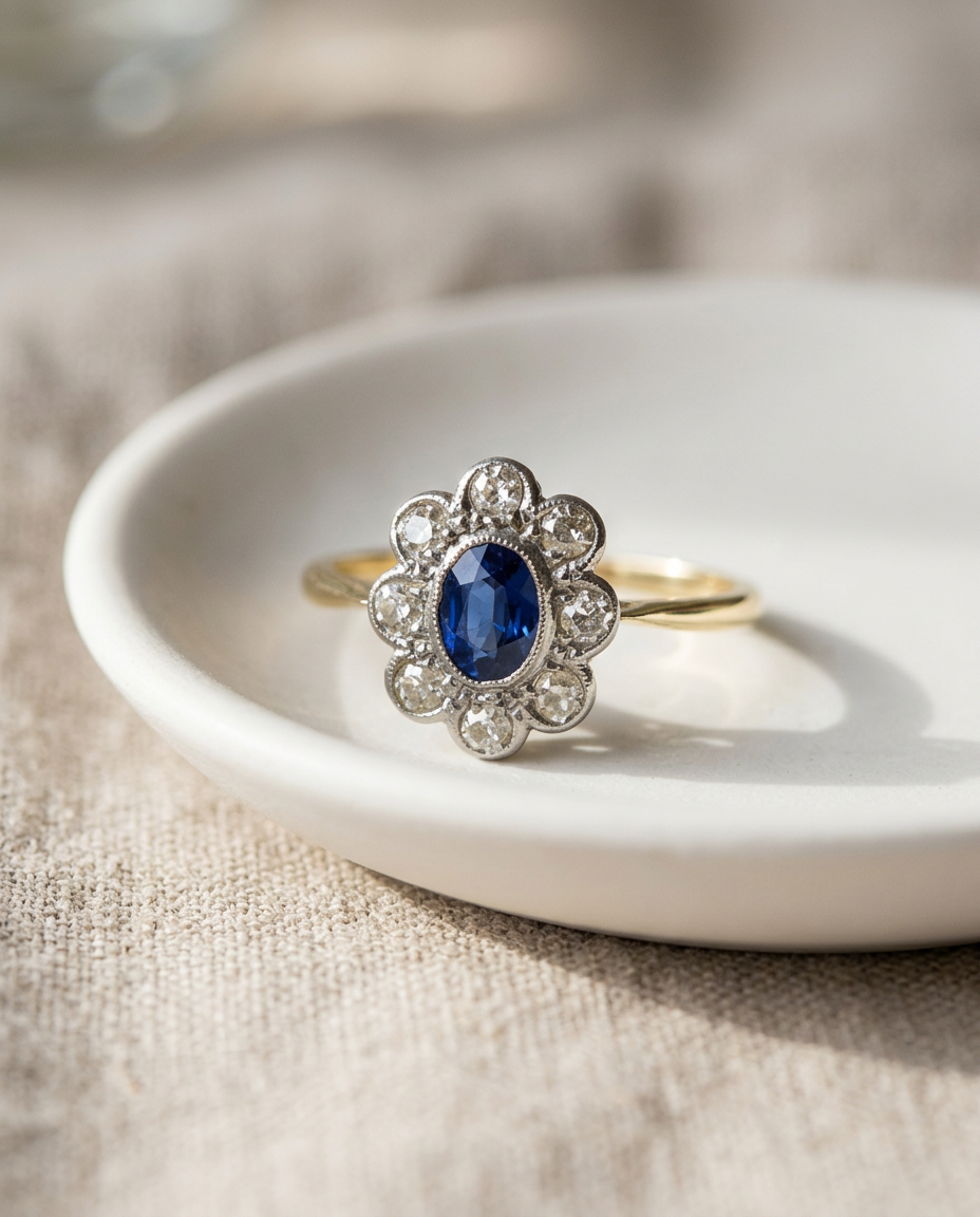 Anillo Vintage de Flor con Zirconia Azul - detalle