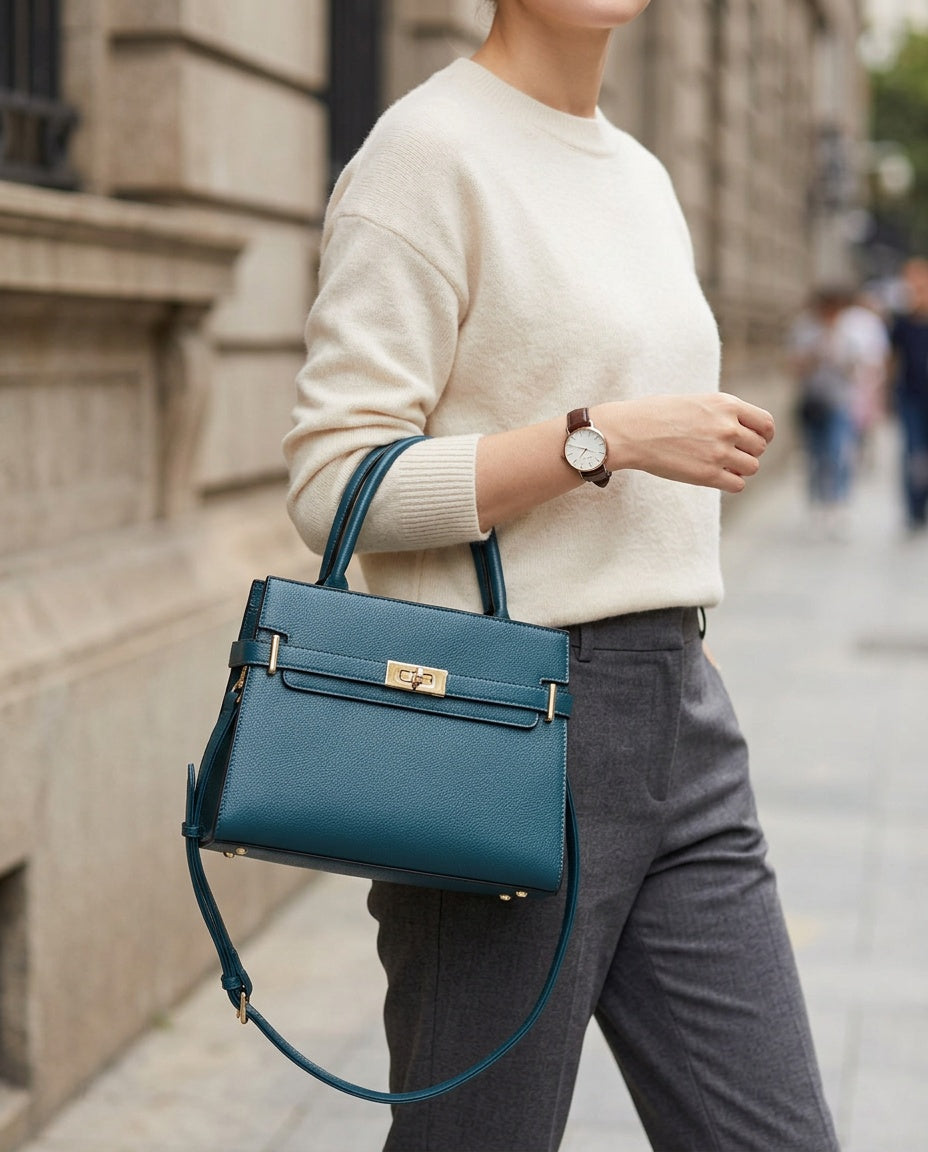 Bolsa de Mano Clásica con Broche - con modelo - color Azul petróleo