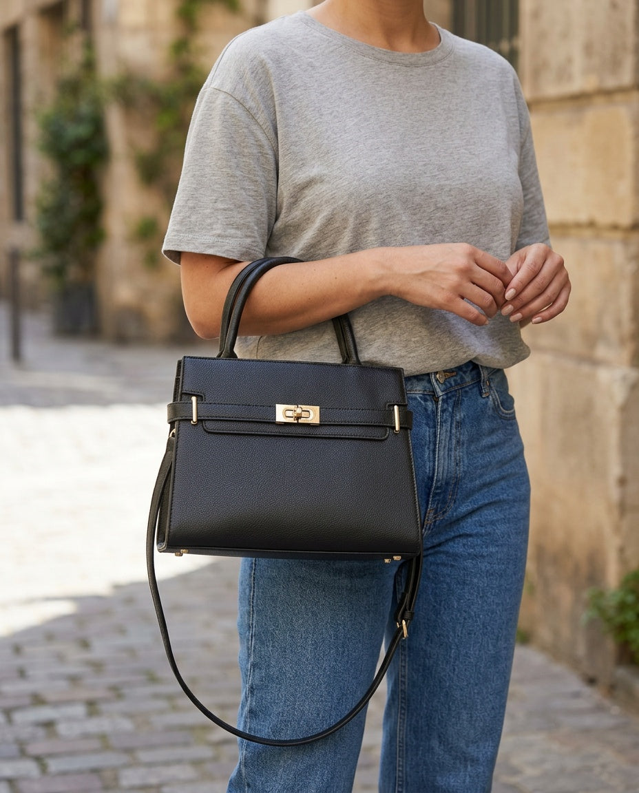 Bolsa de Mano Clásica con Broche - con modelo - color Negro