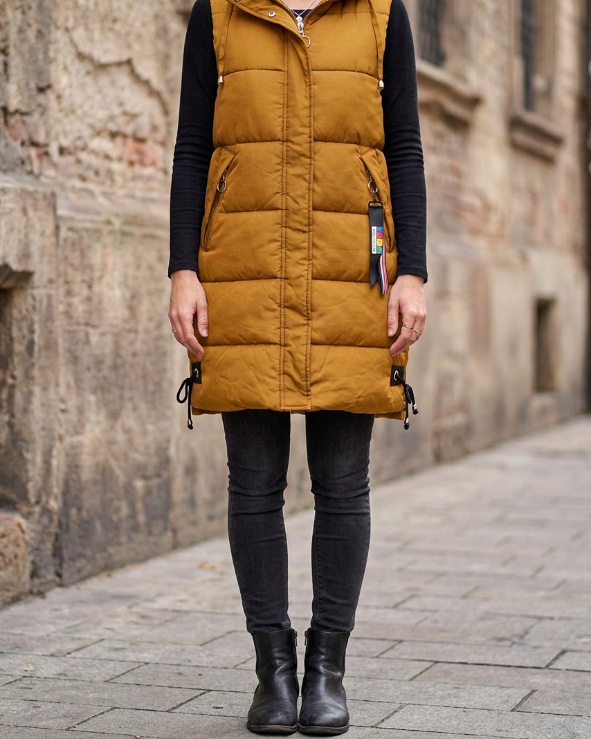 Chaleco Largo de Algodón con Capucha — Estilo Coreano - Amarillo
