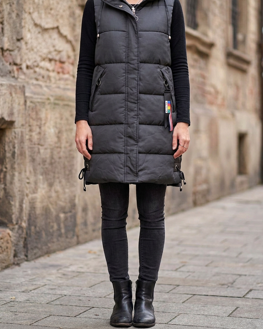 Chaleco Largo de Algodón con Capucha — Estilo Coreano - Gris