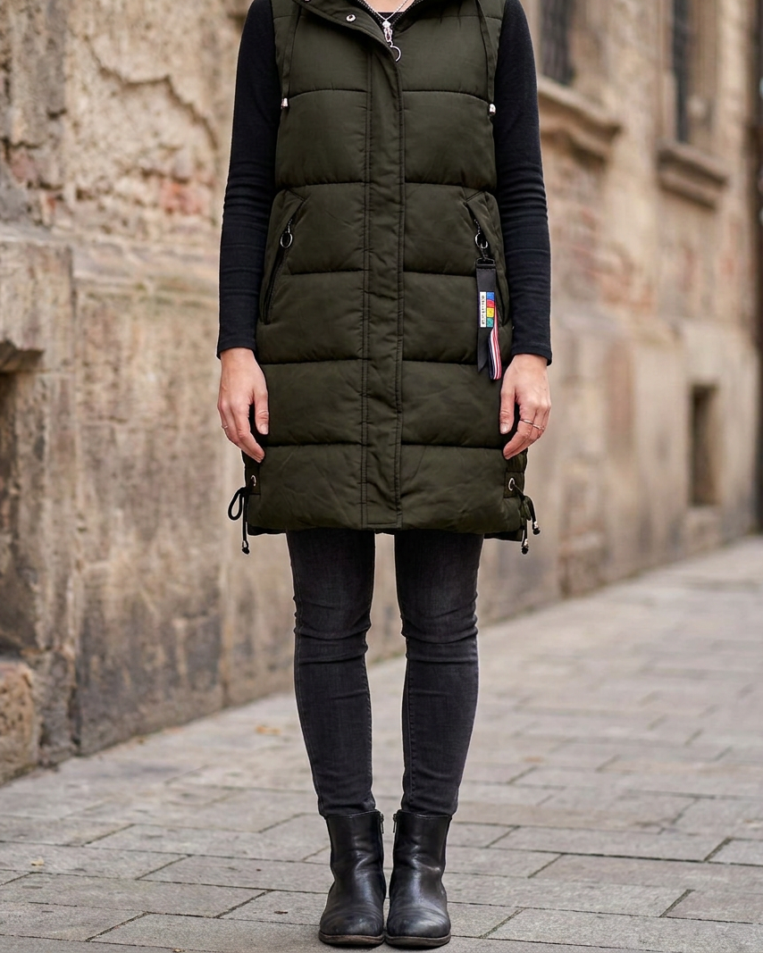 Chaleco Largo de Algodón con Capucha — Estilo Coreano - Verde