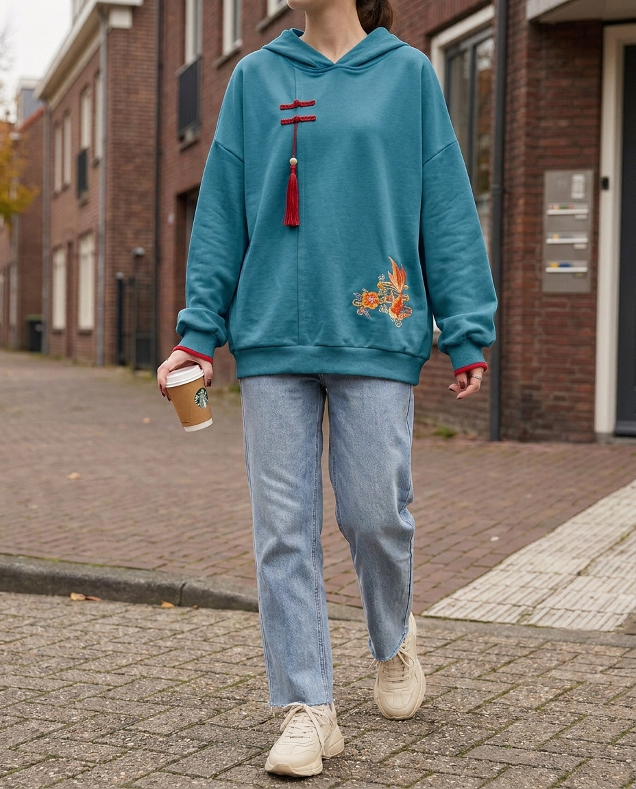 Sudadera con Bordado y Botones Chinos — Elegancia Boho Otoño-Invierno