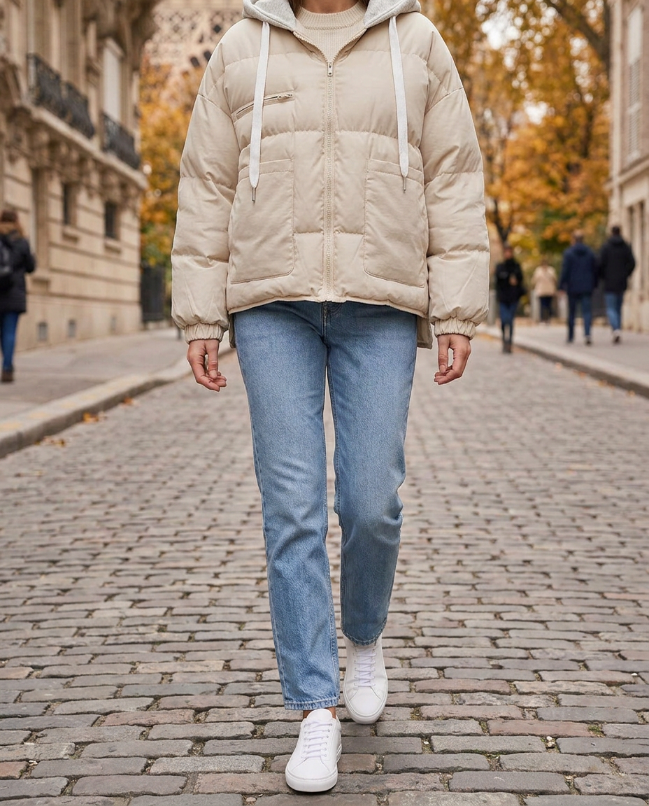 Anorak Holgado con Capucha — Estilo Universitario - Beige