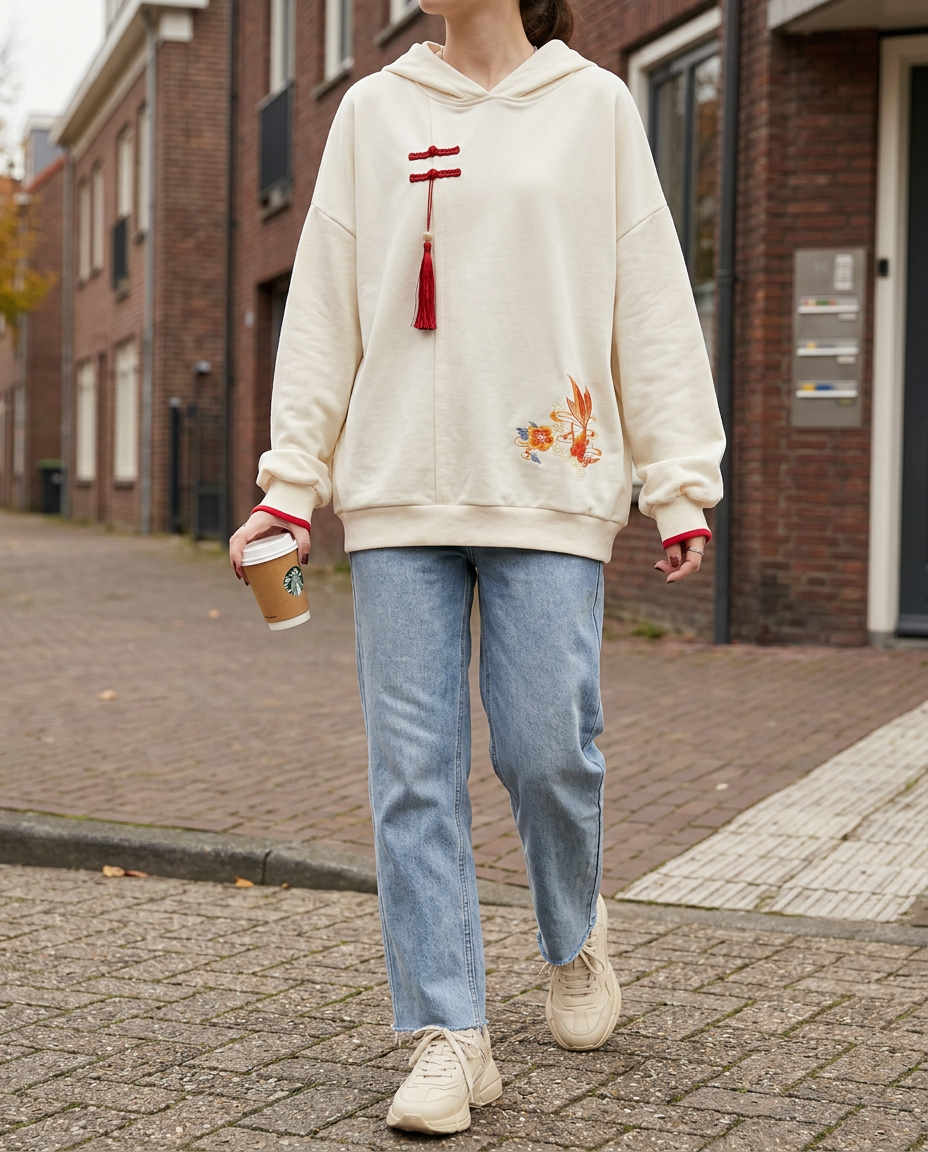 Sudadera con Bordado y Botones Chinos — Elegancia Boho Otoño-Invierno