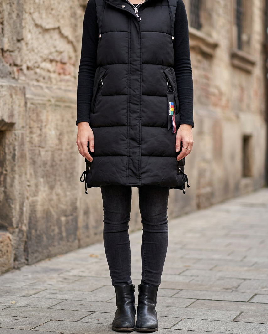 Chaleco Largo de Algodón con Capucha — Estilo Coreano - Negro