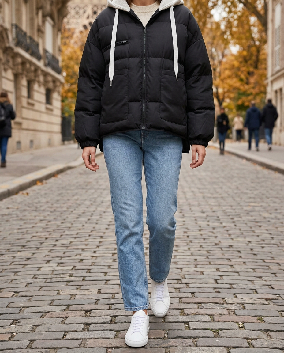 Anorak Holgado con Capucha — Estilo Universitario - Negro