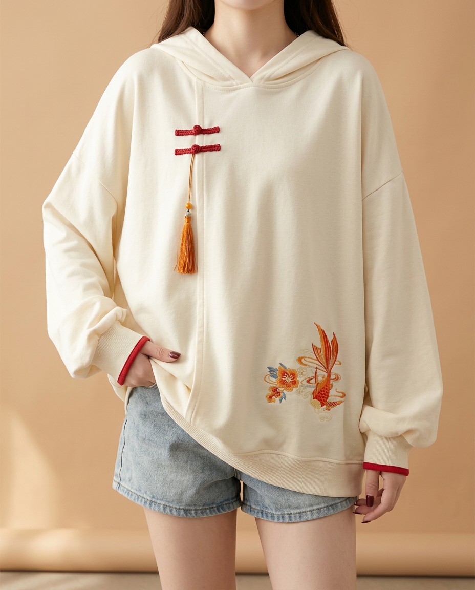 Sudadera con Bordado y Botones Chinos — Elegancia Boho Otoño-Invierno