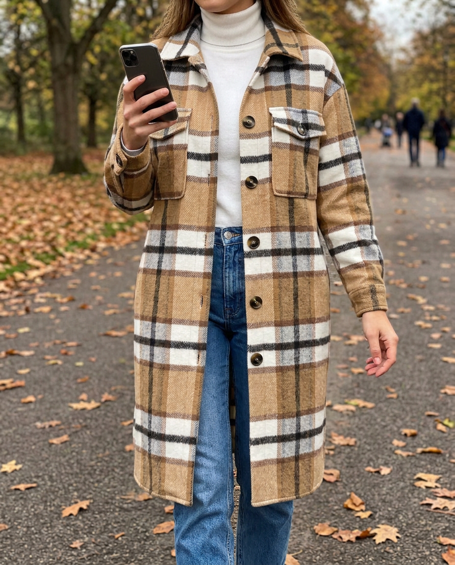 Chaqueta Escocesa de Lana — Trench de Media Longitud Otoño-Invierno