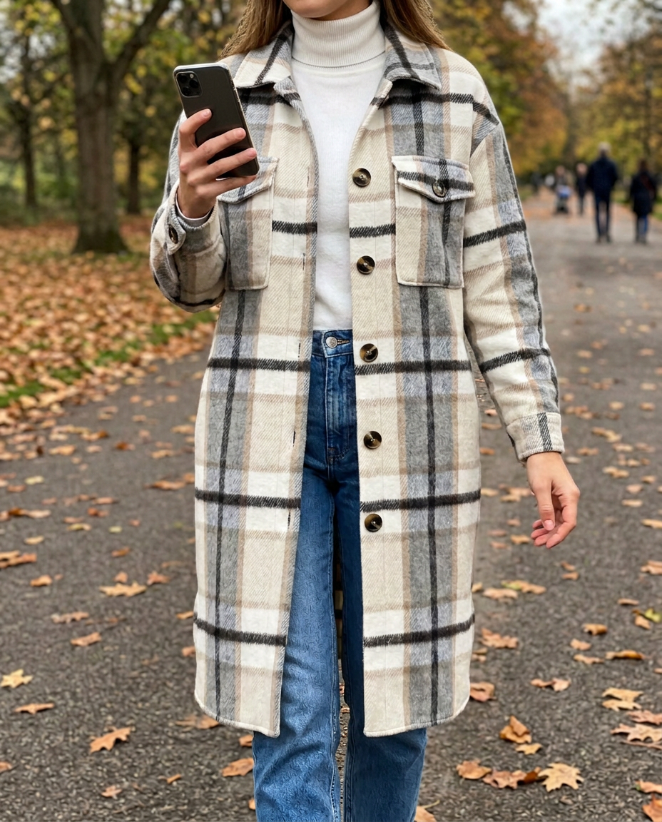 Chaqueta Escocesa de Lana — Trench de Media Longitud Otoño-Invierno