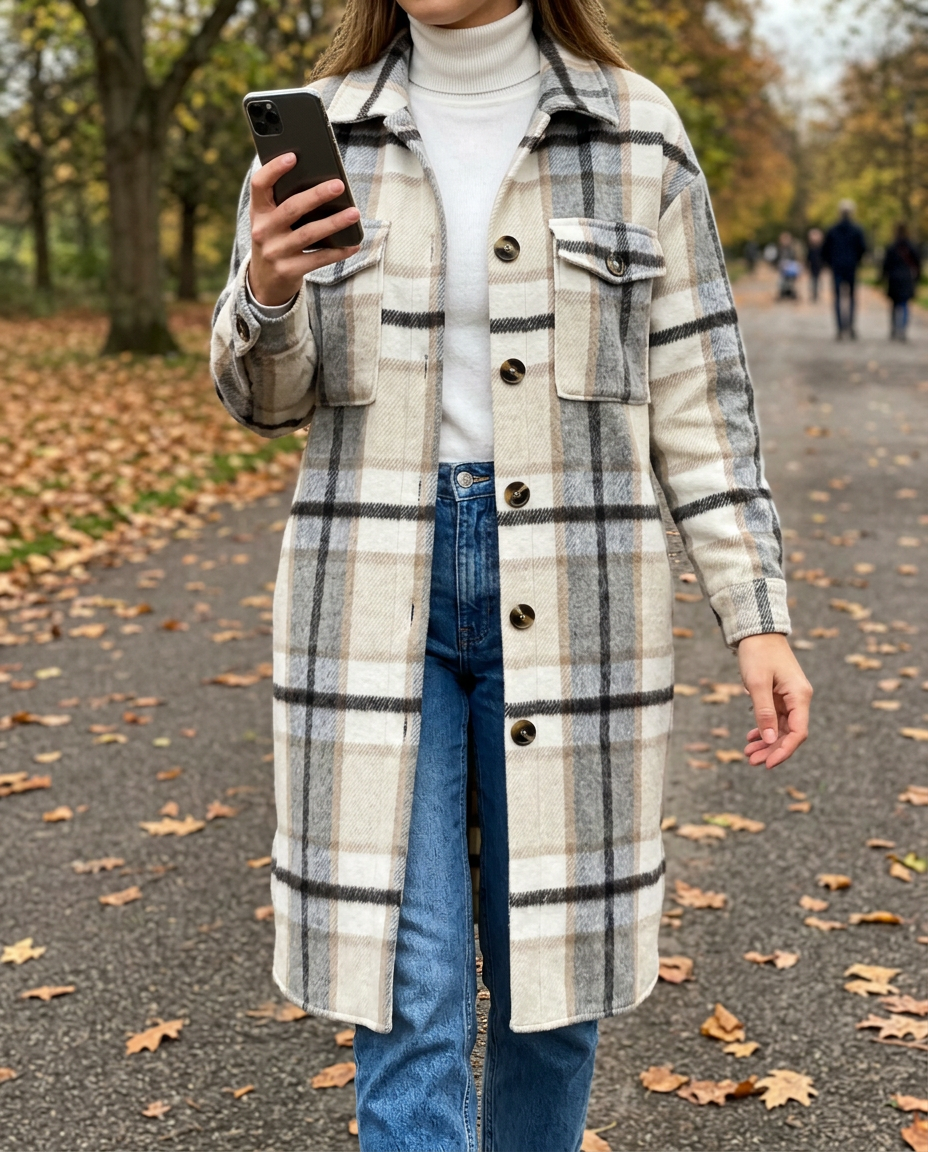 Chaqueta Escocesa de Lana — Trench de Media Longitud Otoño-Invierno