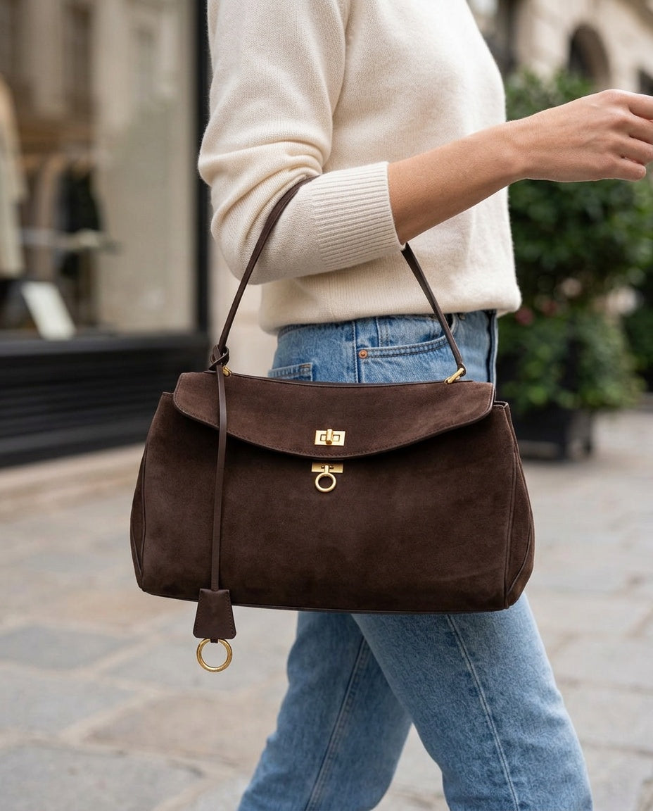 Bolsa de Mano de Piel Nobuk - con modelo - color Café oscuro