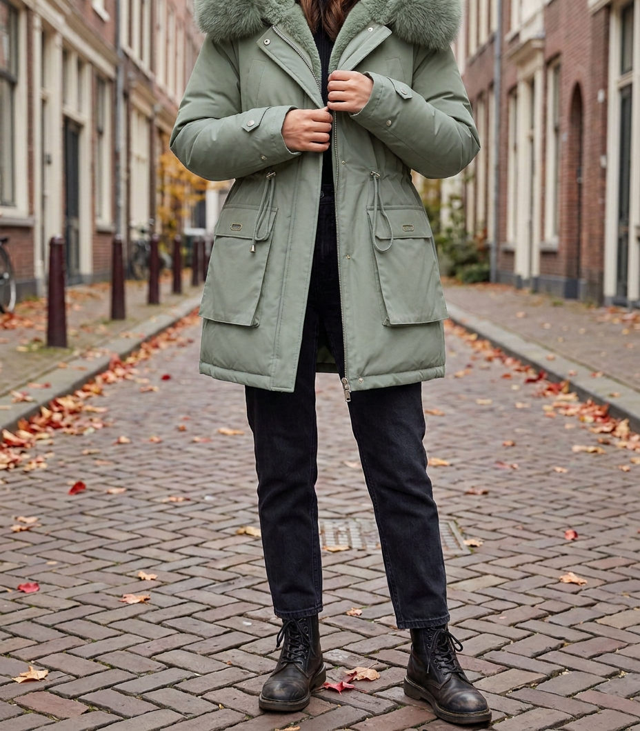 Abrigo Acolchado Oversized con Cuello de Piel y Terciopelo