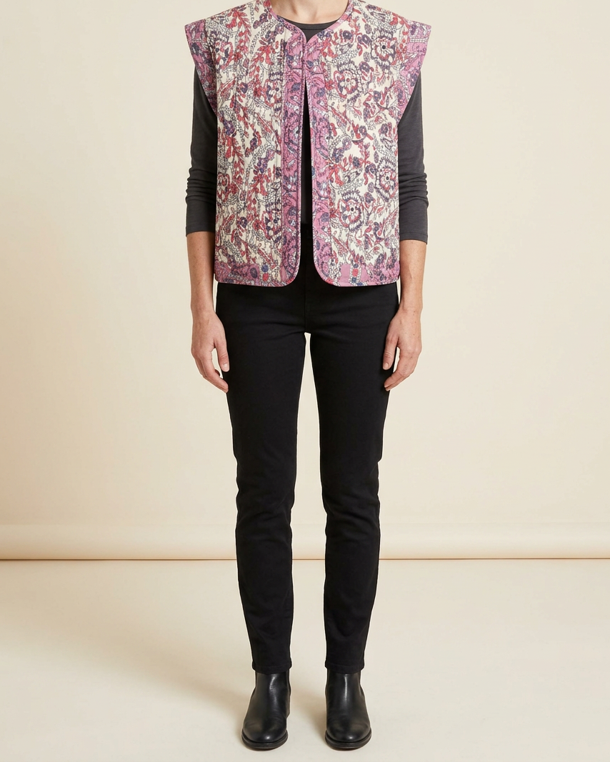 ZAURA | Chaleco Acolchado Bordado con Cuello Redondo - Multicolor