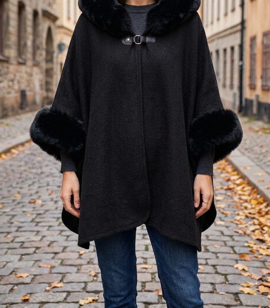 Chaqueta Chal de Pelo Sintético con Capucha — Estilo Europeo