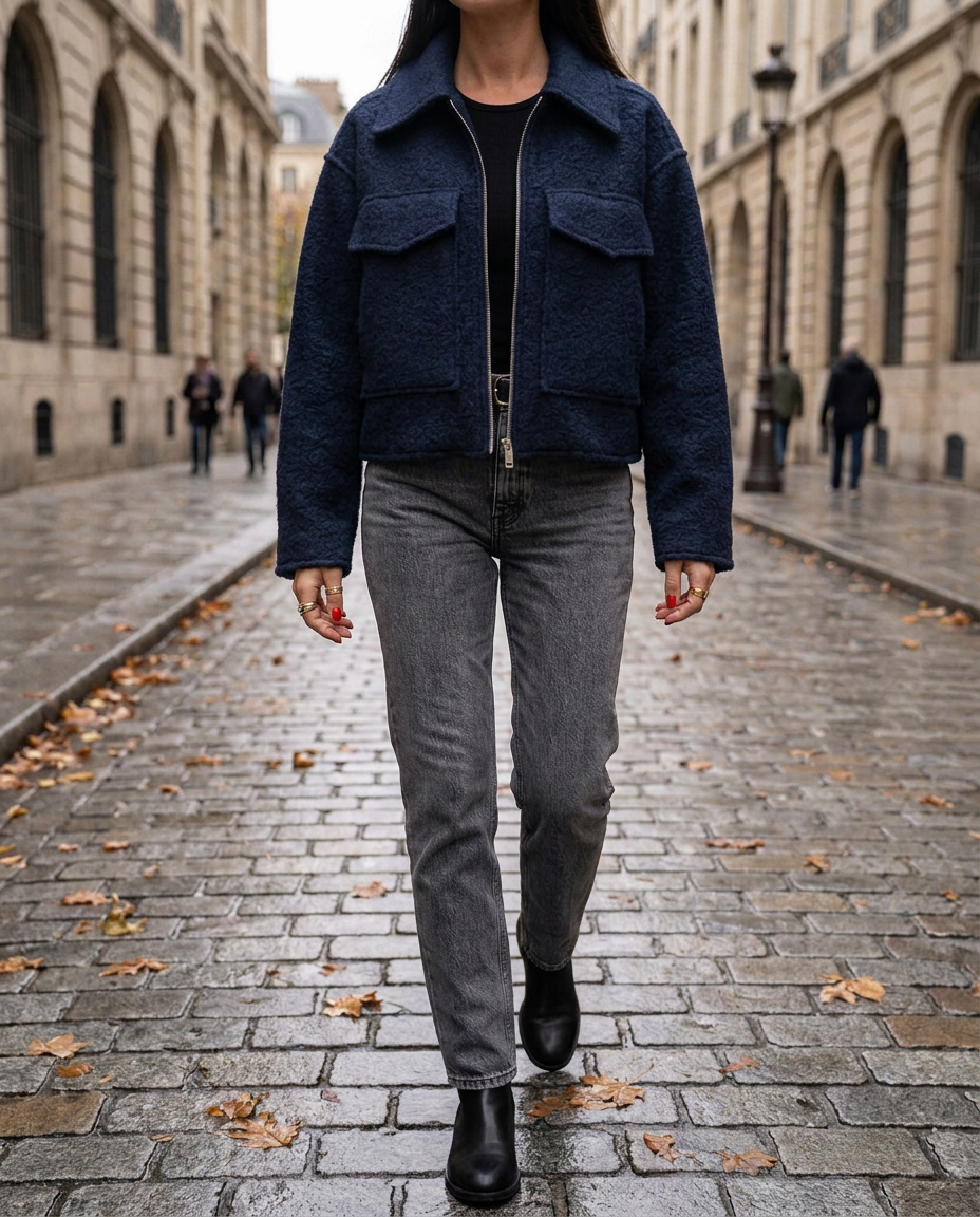Chaqueta corta Efecto Piel con cuentas azul marino - calle